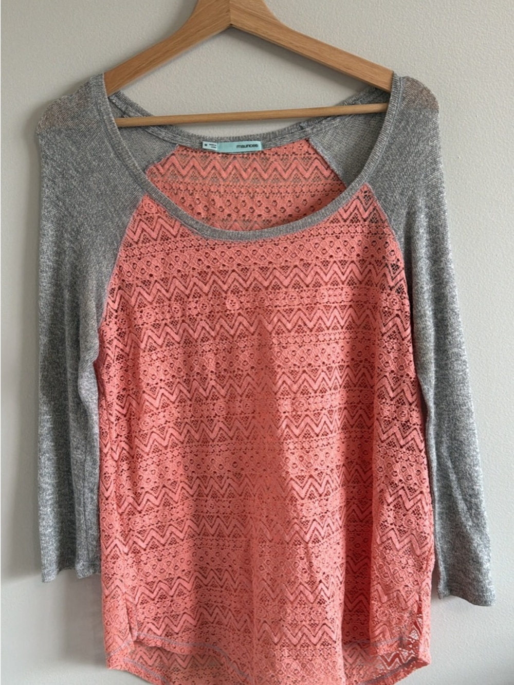 Maurices Coral Lace Raglan Top with Gray Sleeves